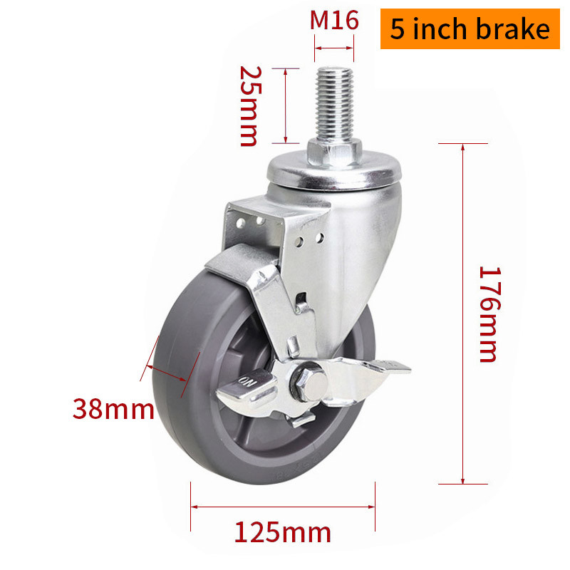 EDL Medium Duty TPE Caster 5inch 200kg Threaded by Swivel and Brake type 665S-56