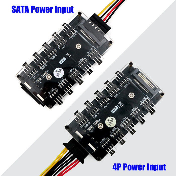 10-Way Fan Hub With PMMA Housing And Magnetic Bracket (Power Supply From A 4-Pin Molex Or SATA 15-Pin Connector)