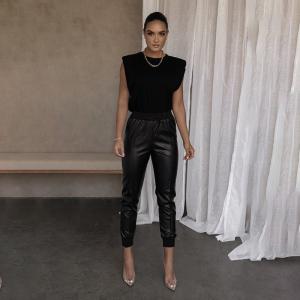 Quality Slim Women's High Waisted Leather Pants Temperament Ribbing Splicing wholesale