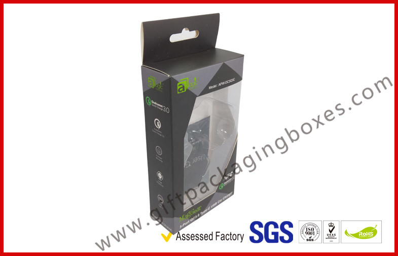 customized card board packaging box with clear PVC window paper hanger and blister tray inside