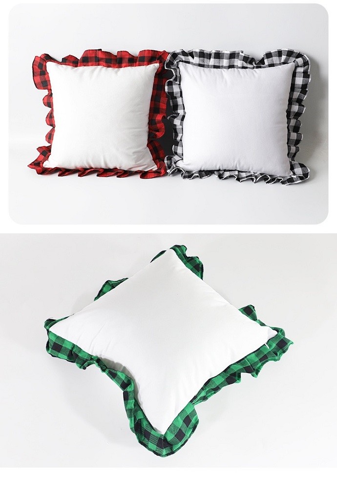 Sublimation Pillow Cover Blanks Heat Transfer Printed Plaid With Ruffled Lace