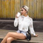 Lantern Sleeve High Neck Flared Blouse Chic Black High Waisted Lace Tops With