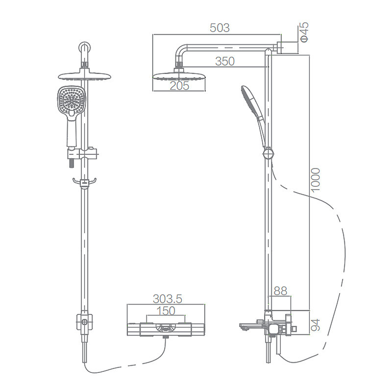 H 1000mm Hand Shower Mixer Set , Square Head Thermostatic Waterfall Shower