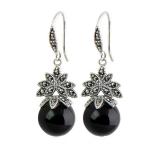 Sterling Silver Black Agate Bead Dangle Hoop Earrings Thai Vintage Jewellery