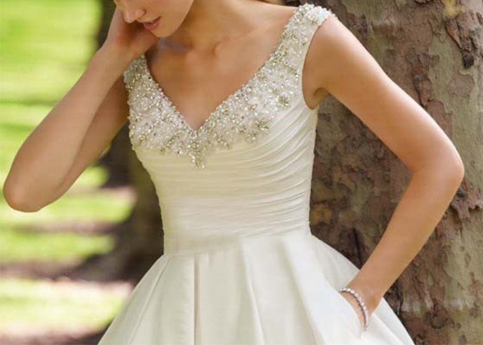 Knee Length Short Beaded Wedding Dress Satin , Inside Lining Fabric