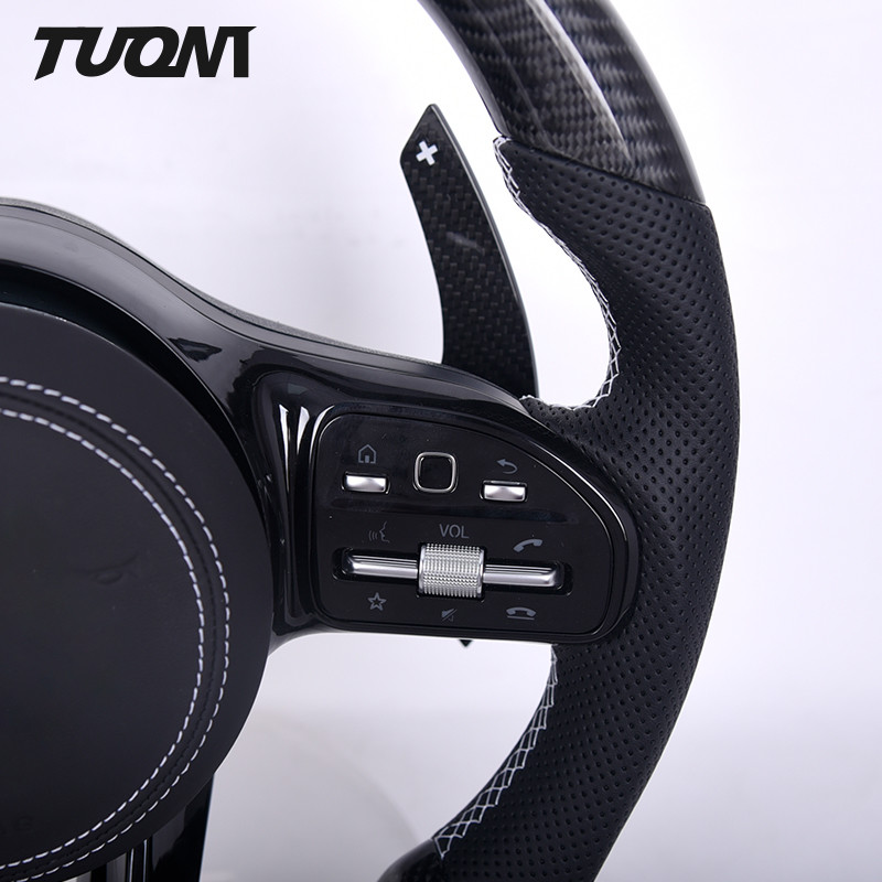 White Stripe Black Perforated Leather Mercedes Steering Wheel Carbon Fiber