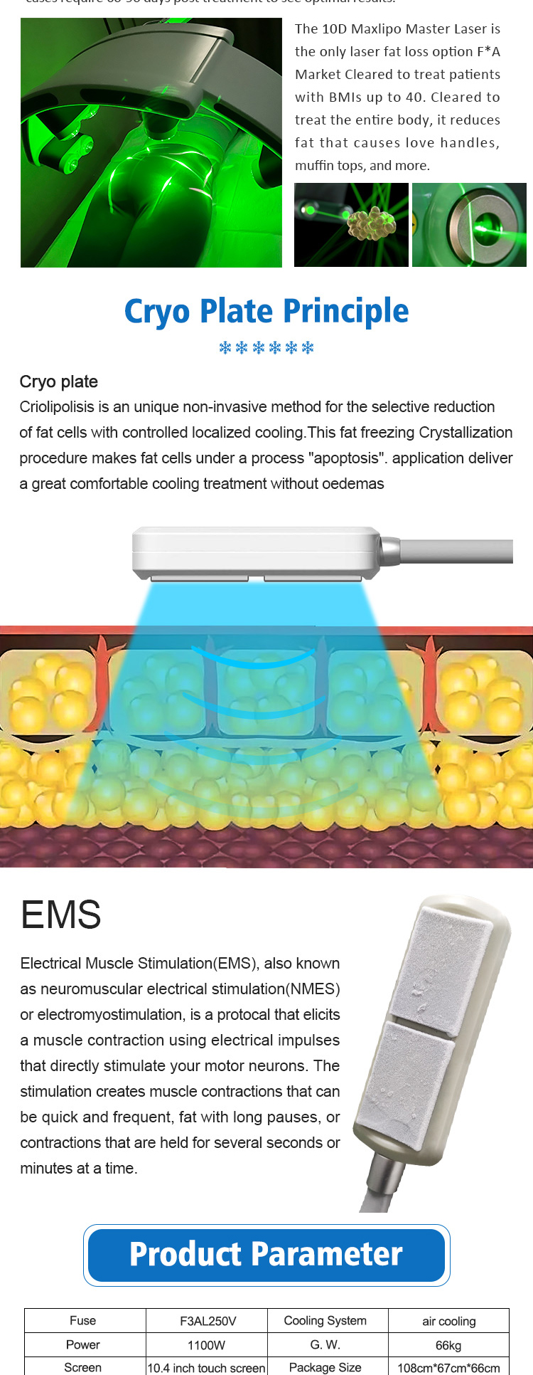 XM-227 Weight Loss Green Laser 10D Maxlipo Master Laser And EMS Cryo plate Beauty Machine