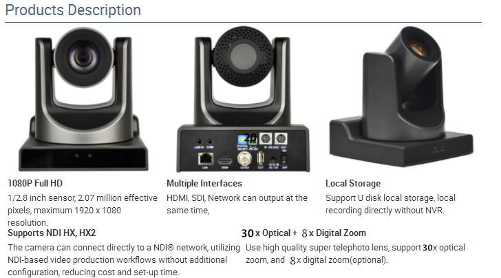 1080p 60fps NDI protocol video Camera 30x HD Professional PTZ Video Camera for Church, Live Streaming Event