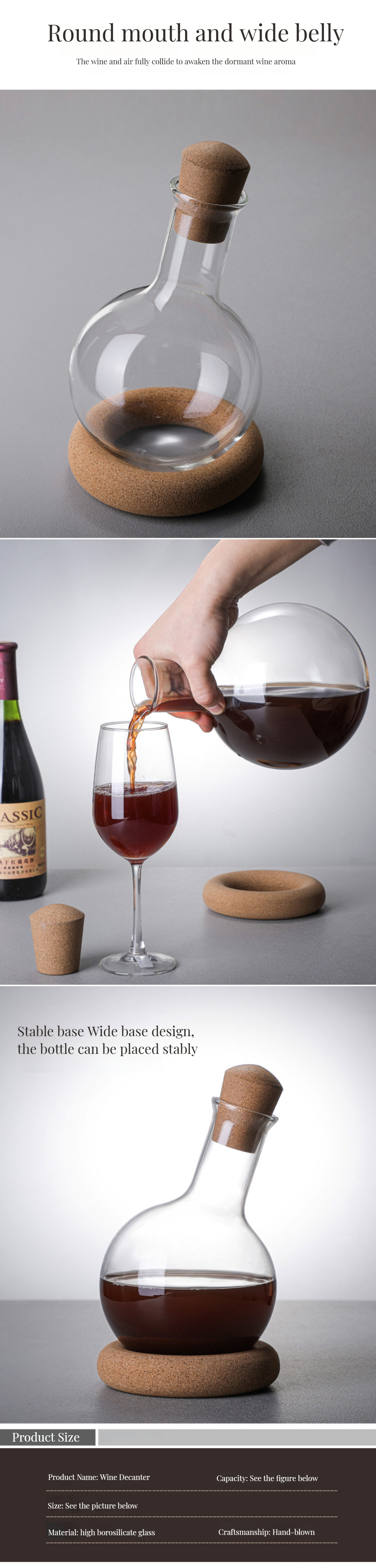 Quick Pour Red Wine Decanter Hand-Blown Borosilicate Glass Classic Design Style Quantity 1