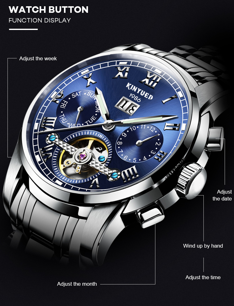 KINYUED Distinctive Style Tourbillon Automatic Movement Watches Waterproof Luminous Business OEM Wristwatches