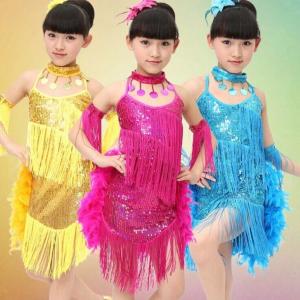 Quality children's feather sequins Latin dance dress Tassel Latin dance costumes of the girls wholesale