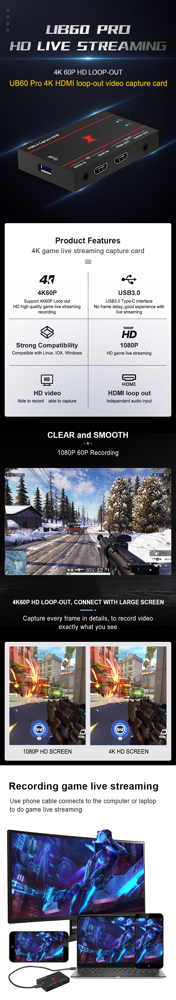 1920x1080 Resolution USB 3.0 Capture Card for 4K Live Streaming and Video Recording