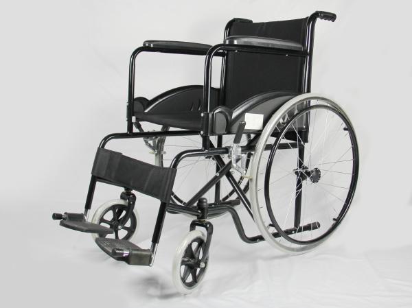 Low Price Basis Black Coating Steel Frame Folding Steel Wheelchair With Solid