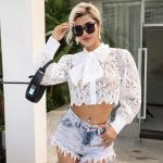 Long Sleeved High Neck Flared Blouse Chic White High Waisted Lace Tops With