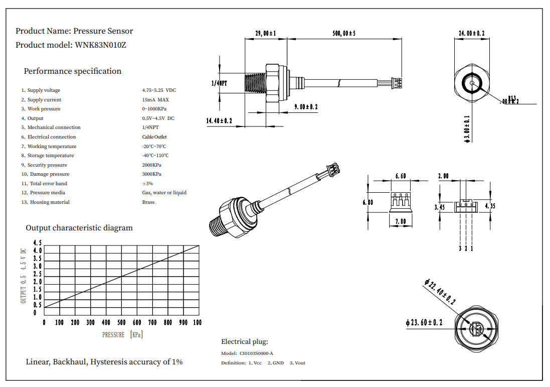 WNK83MA High Temperature Pressure Transmitter Brass Ceramic 0-20 Bar