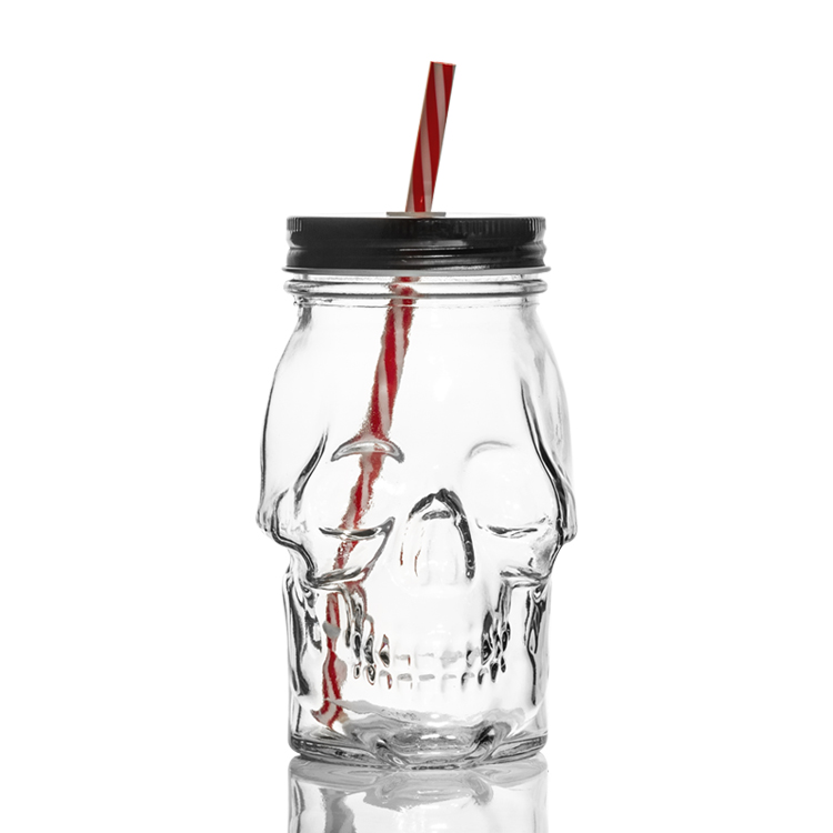 Popular products 17oz custom made glass skulls shaped 510ml mason jar with llid and straw