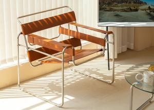Quality Minimalist Brown Leather Metal Chair 70cm Stainless Steel Frame wholesale