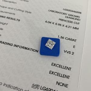 Quality 1.36CT E VVS2 2EX CVD Princess Cut Lab Grown Diamond IGI Certificated wholesale