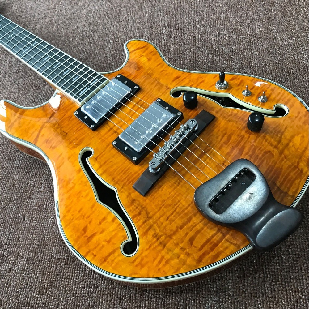 Custom F hollow body jazz Electric Guitar.double tiger flame gitaar.vibrato system.musical instruments orange color