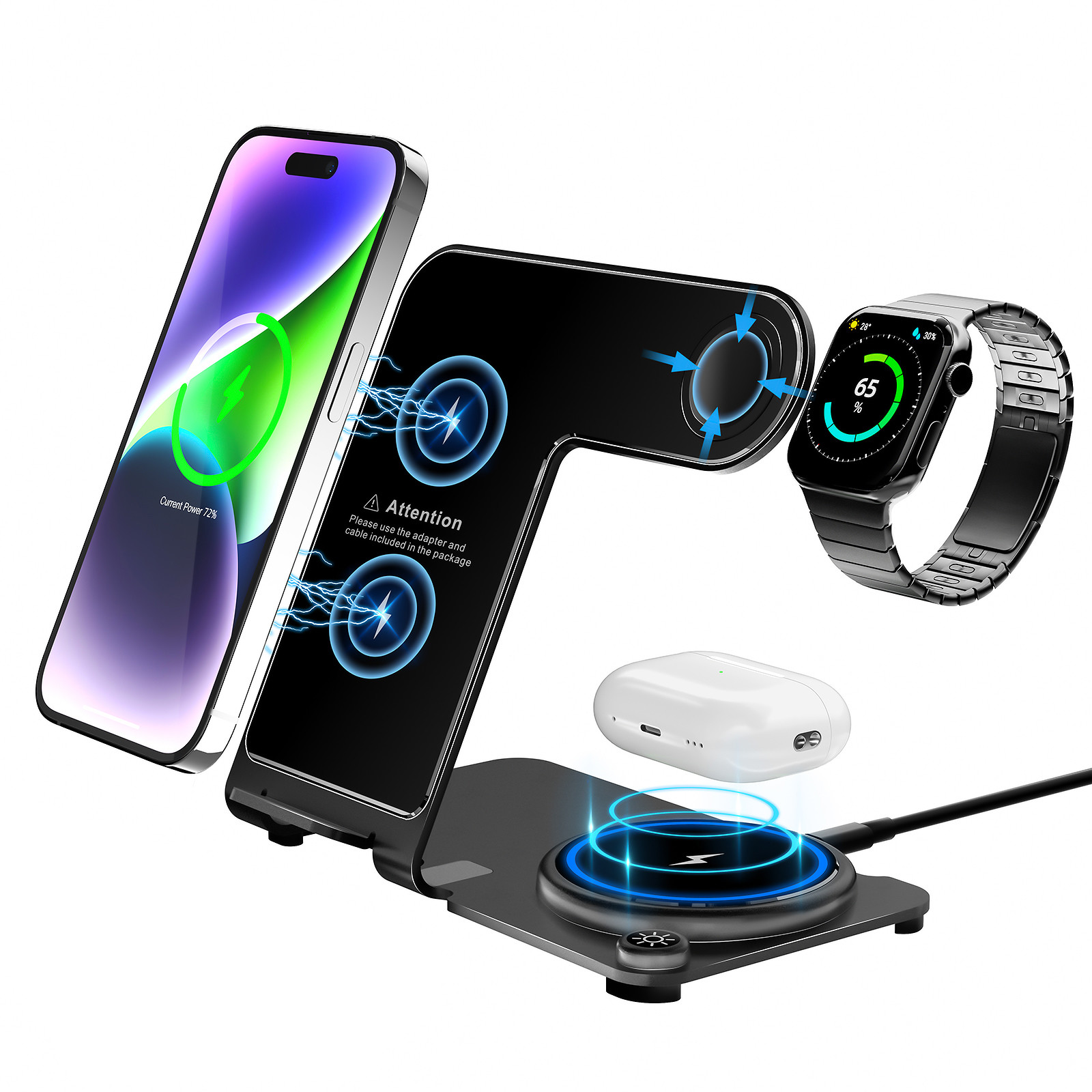Stylish 3 In 1 Aluminum Alloy Wireless Charging Stand with High Charging Effeciency