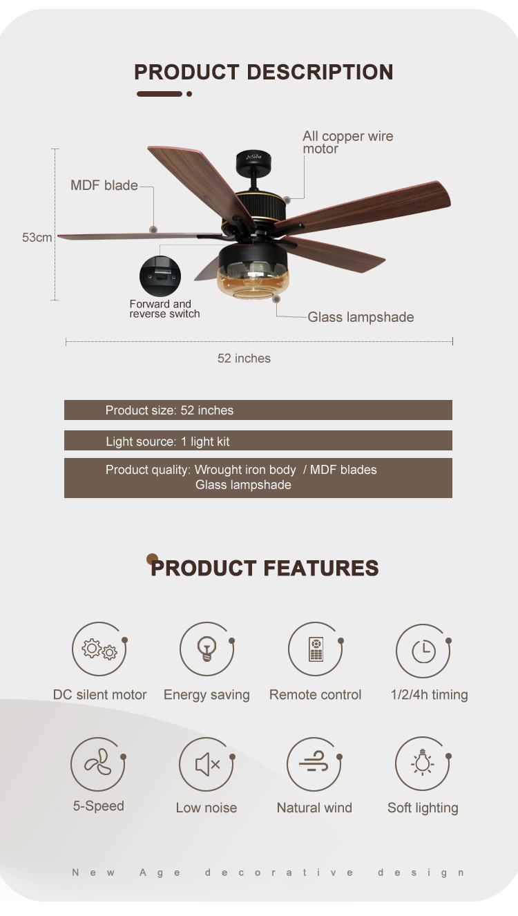 Metal Ceiling Fan Light with 5 Speed Remote Control European Style and Silent DC Motor