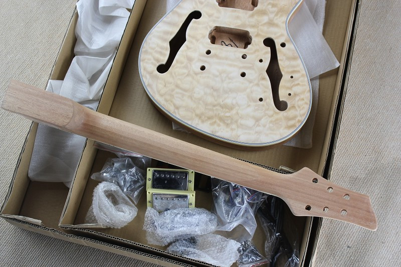 Custom Semi-hollow Electric Guitar Kit(Parts) with Mahogany Body ans Neck,Flame Maple Veneer,Chrome Hardwares,DIY Guitar