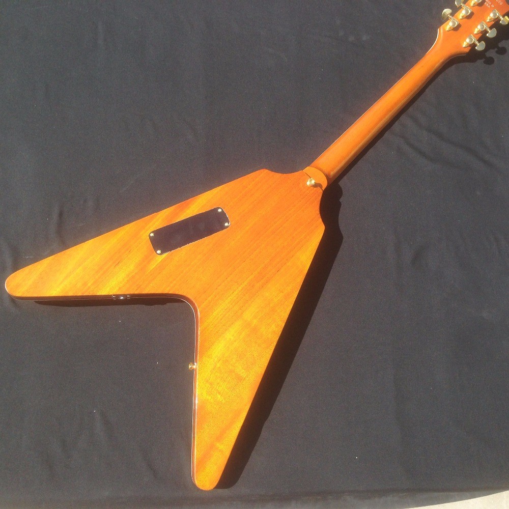 Good quality Electric Guitar with yellow colors and flybird shape by two pickups flying v electric guitar