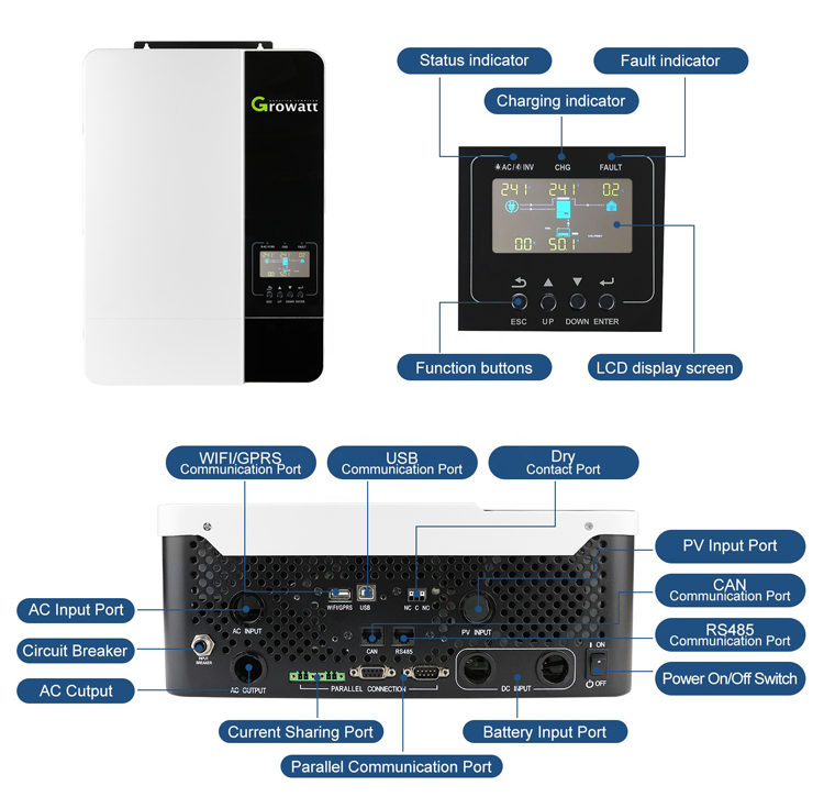 Growatt Hybrid On Off Grid Inverter Single Phase 48V 3Kw 3000W 5Kw 5000W 5.5Kw 6Kw Mppt Solar Inverter Wholesale Price