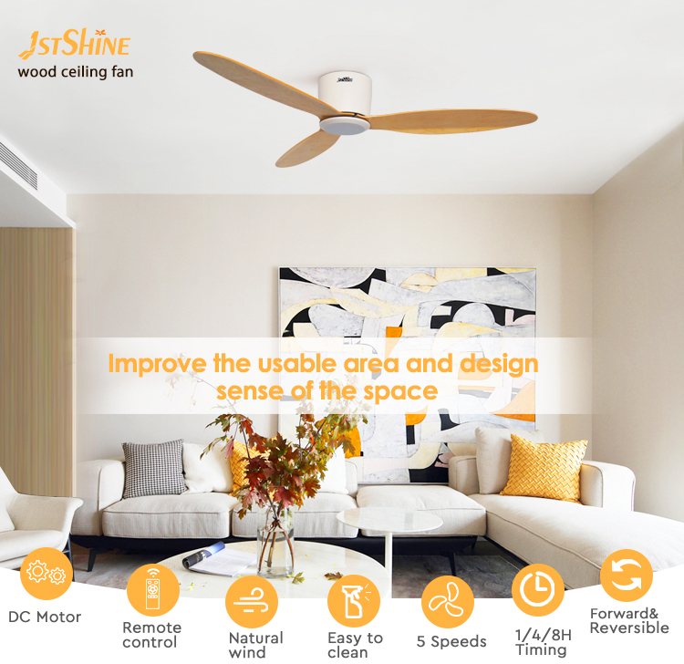 Remote Control 52" Air Cooling Fan for Low Profile Flush Mounted Ceiling in Smart Home