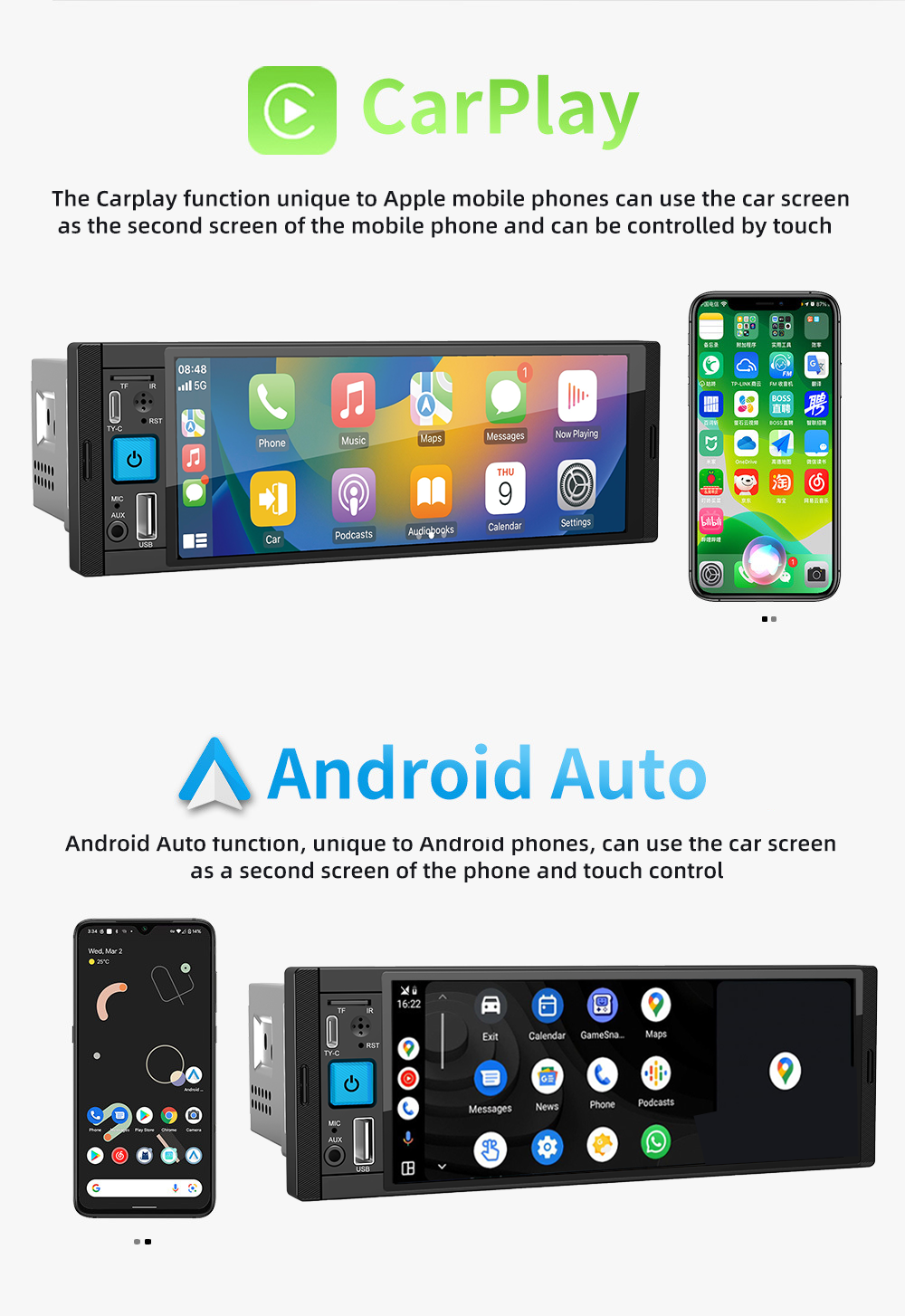Wired CarPlay/Android Auto Wifi Bluetooth Handsfree GPS FM USB HD Touch Screen MP5 Player 1DIN 6.86 Inch Android Car Radio