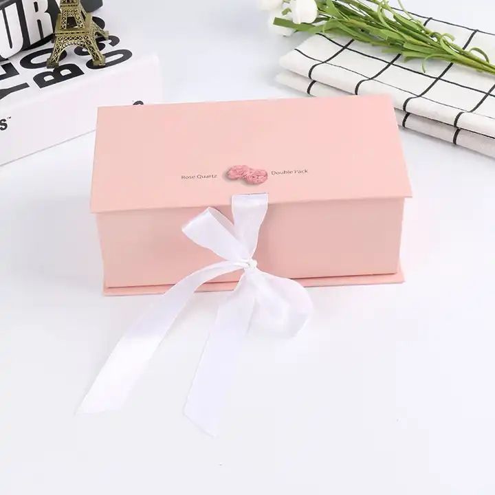 Gift Craft Pink Paper Box with Ribbon and Folding Lid Custom Shape Logo Packaging Box