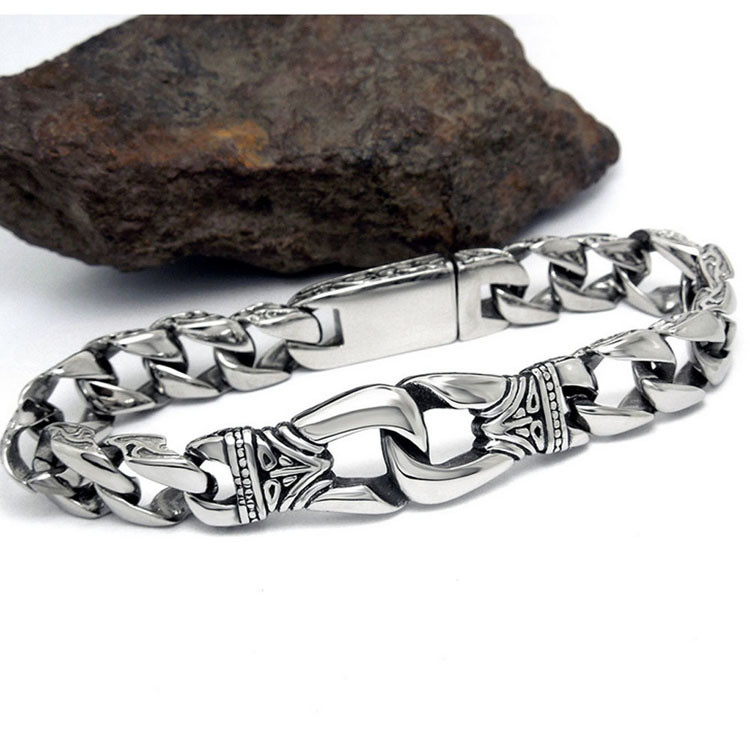 Antique Men's Titanium Stainless Steel Curb Link Chain Buckle Bracelet 8.5 Inches (JCE204)