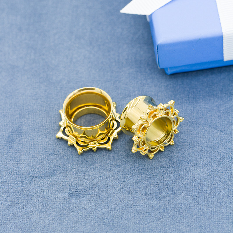 Gold Flesh Ear Plug Tunnels Lace Edge 10mm Gold Body Piercing Jewelry