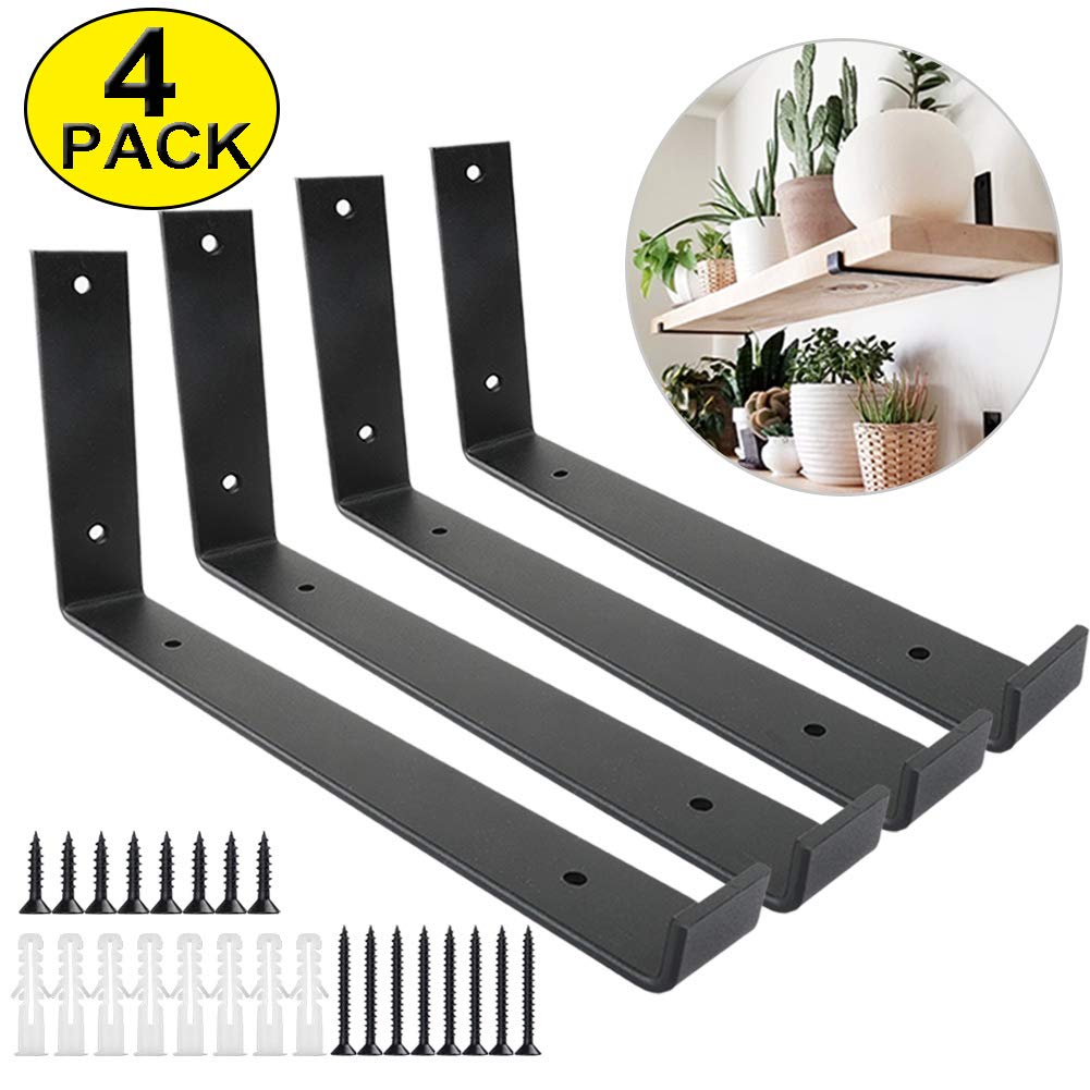 Shelf Brackets Heavy Duty Frosted Black Wall Bracket with Lip for Floating Shelves Rustic Iron Metal Shelf Bracket
