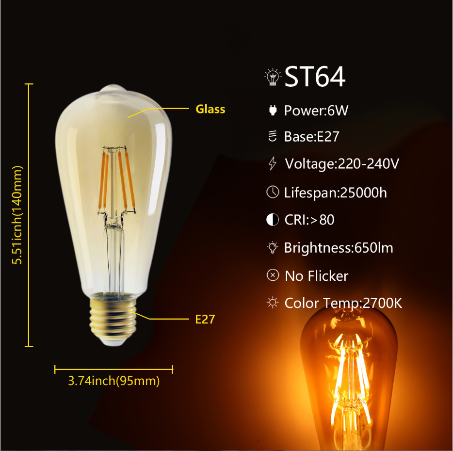 ST64 Edison LED Filament Bulbs Dimmable 4W 6W 8W 2200K 1050lm Old Fashioned Light Bulbs
