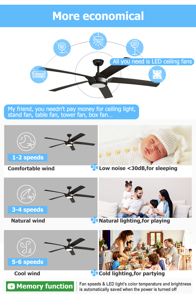 Indoor Ceiling Fan with Light and 6 Speed DC Motor Metal Body Material Support Dimmer