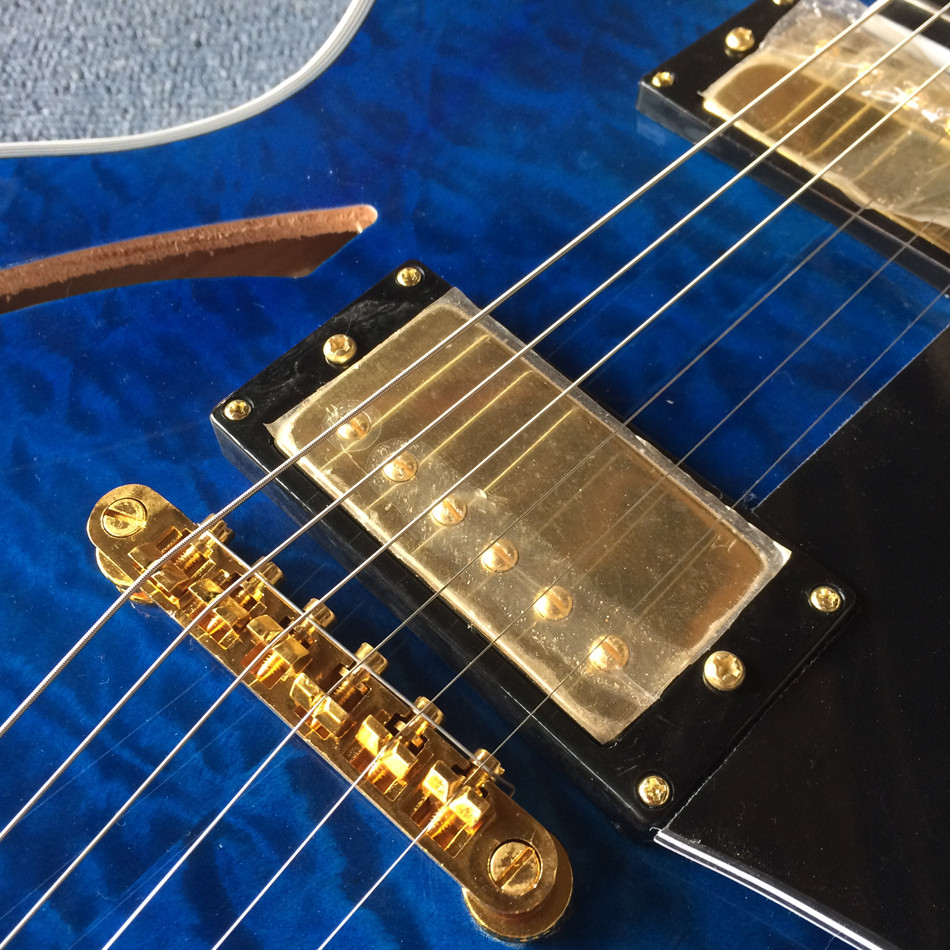 High quality Jazz Electric Guitar with Bigsby, Ebony Fingerboard, Guitar Quilted Maple Trans-Blue burst color