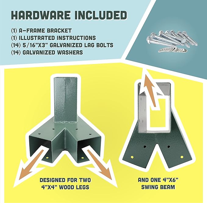Sturdy Green A-Frame Swing Set Bracket Fits 2 4x4 Legs 1 4x6 Beam - Includes Hardware