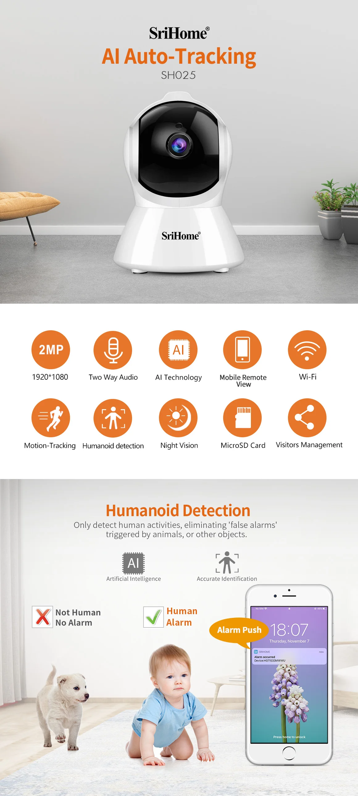 2MP Two-Way Audio Phone Push Alarm AI Auto Motion Tracking Indoor Wireless IP Security Baby Home Camera