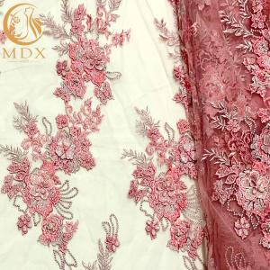 Quality French Tulle Net Lace Fabric Pink 3D Flowers Embroidery For Party Dress wholesale