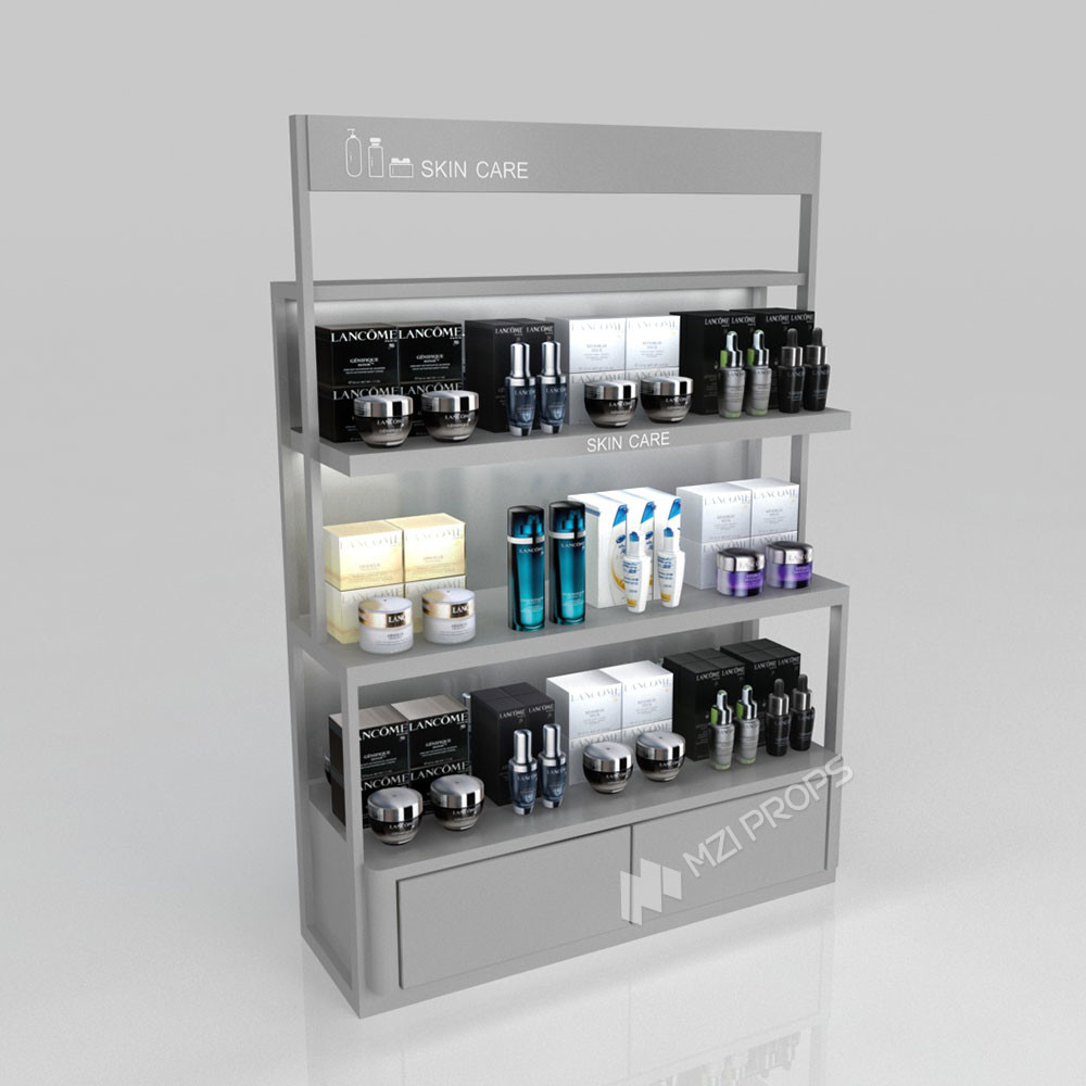 GDR03-CB-08 Double Sided Transparent Low Cabinet with Adjustable Shelves and Luxury Branding Integration for Specialty Beauty Stores