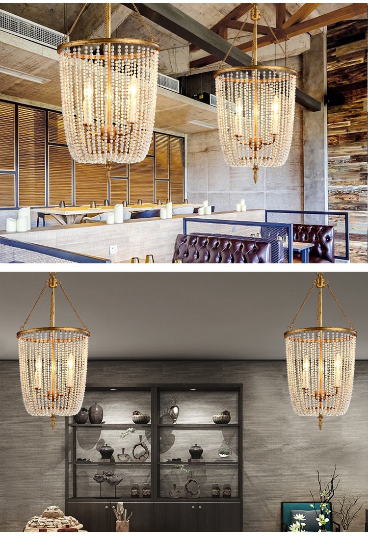 Modernized rustic iron chandelier with wooden beads lampshade (WH-CI-39)