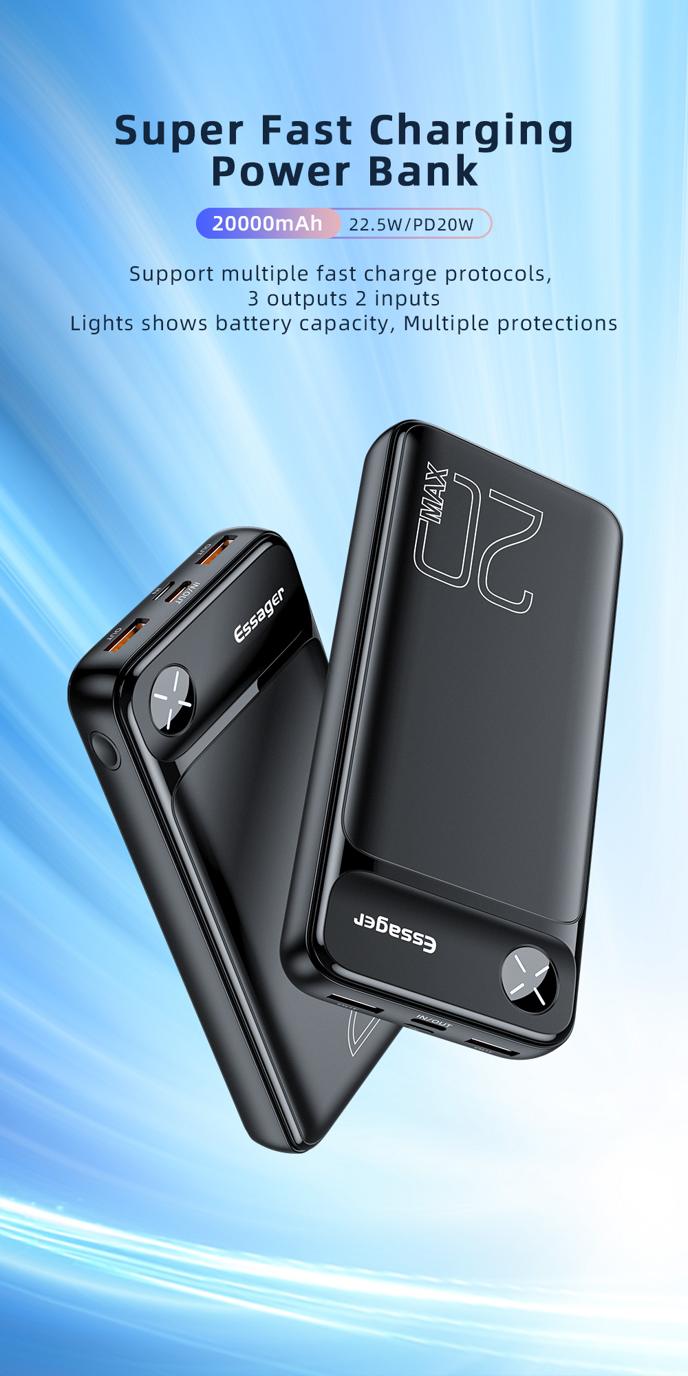 Essager Latitude Portable Power Bank Charger 20000mAh 3 Output 2 Input