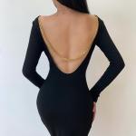 Metal Chain Sexy Women Dresses , Backless Long Sleeve Bodycon Dress