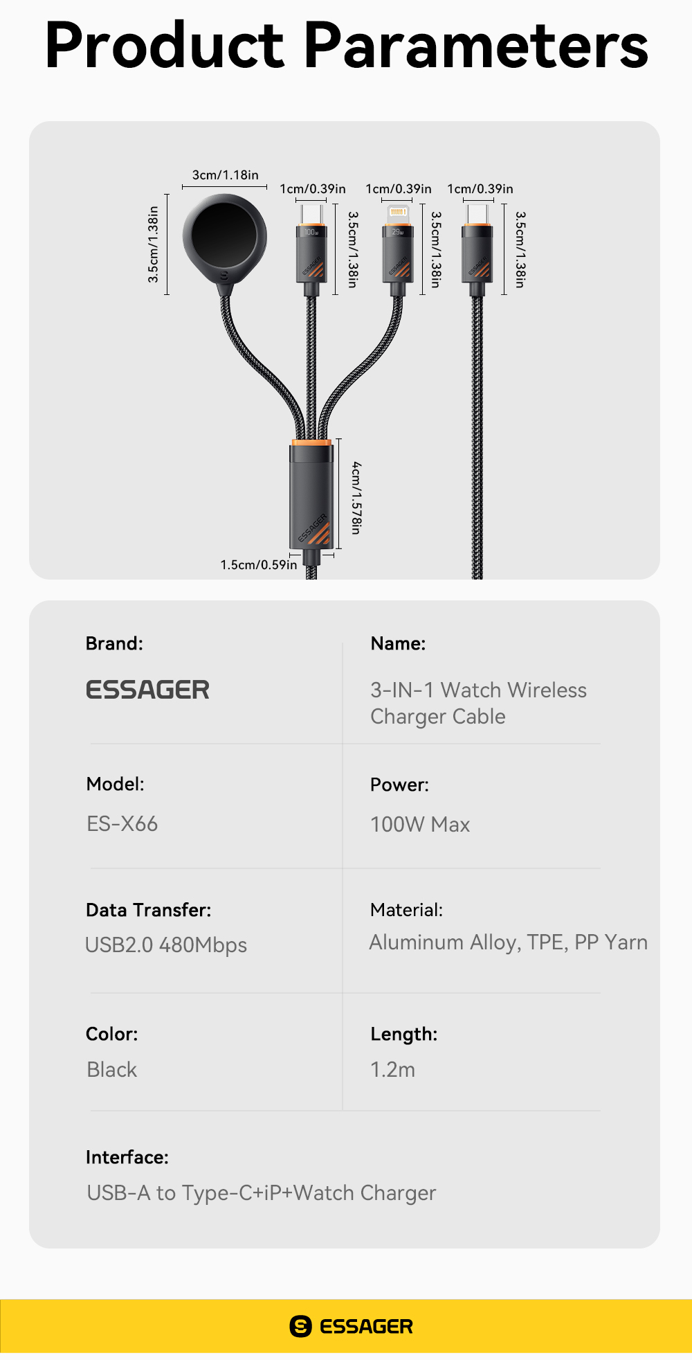 ESSAGER ES-X66 Series 100W USB C to USB C+L+Wireless Watch Charger 3 in 1 Cable