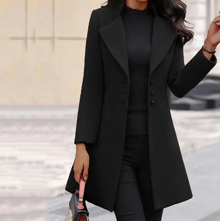 MID-Length Korean Version Wool Lapel Thin Winter Coat Solid Color Slim Ladies Woolen Coats for Women
