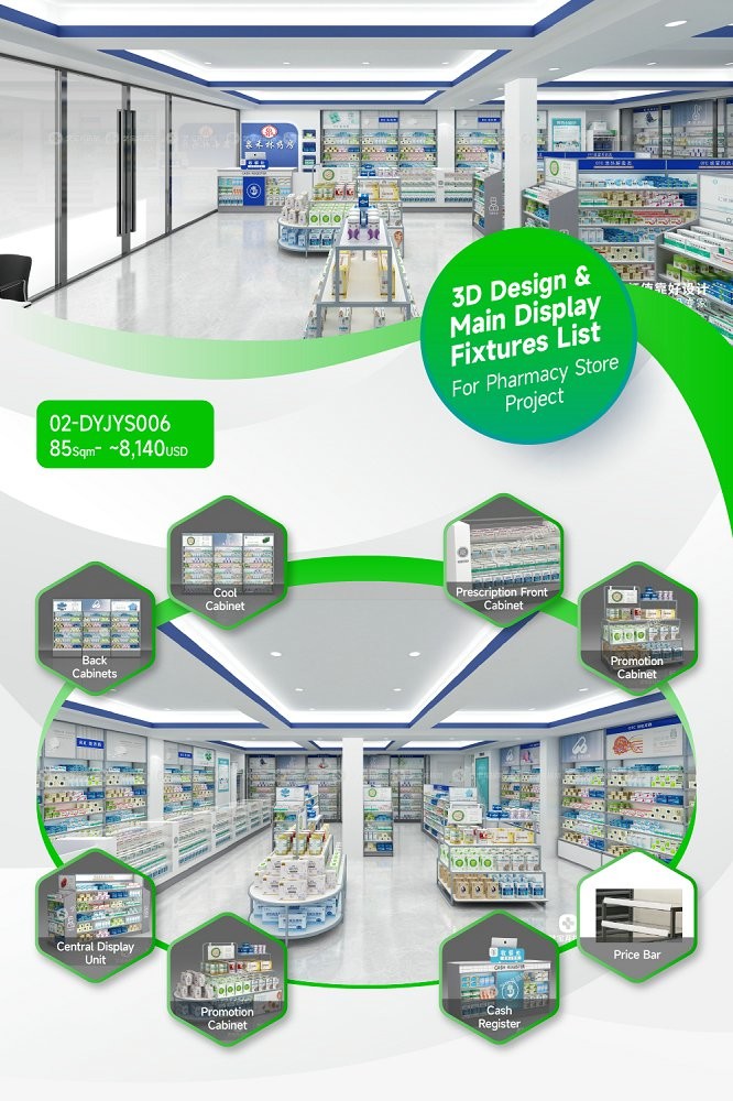 02-DYJYS006, Elegant and Simple Style Pharmacy Store in Wuxi featuring 40 Main Fixtures within 85 Sqm and Approx. $8,140 Budget