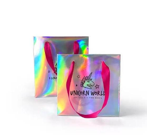 Custom Logo Luxury Glossy Pink Ribbon handle Paper Bag Gift Craft Jewelry