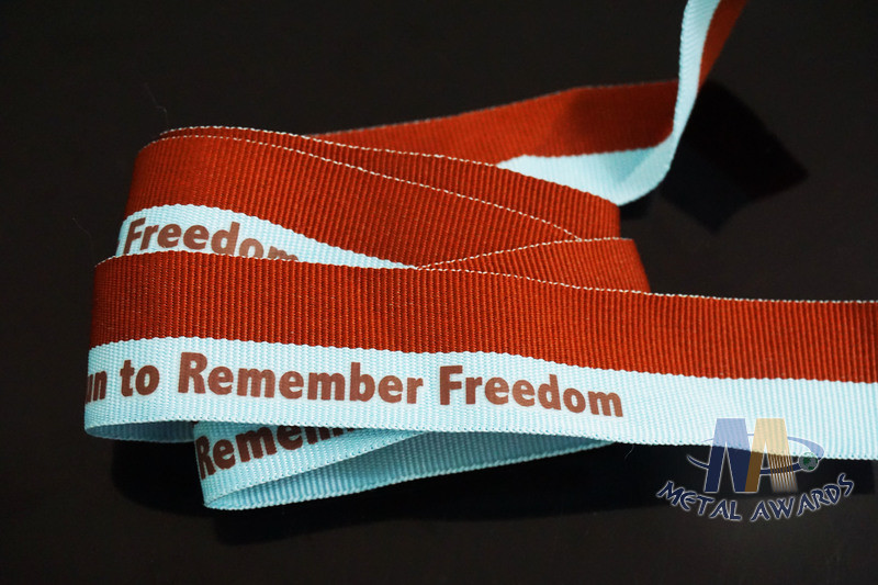 Custom Stripe Red/Light Blue Ribbon With Red Letter Printing Medals Ribbon For School Or Events