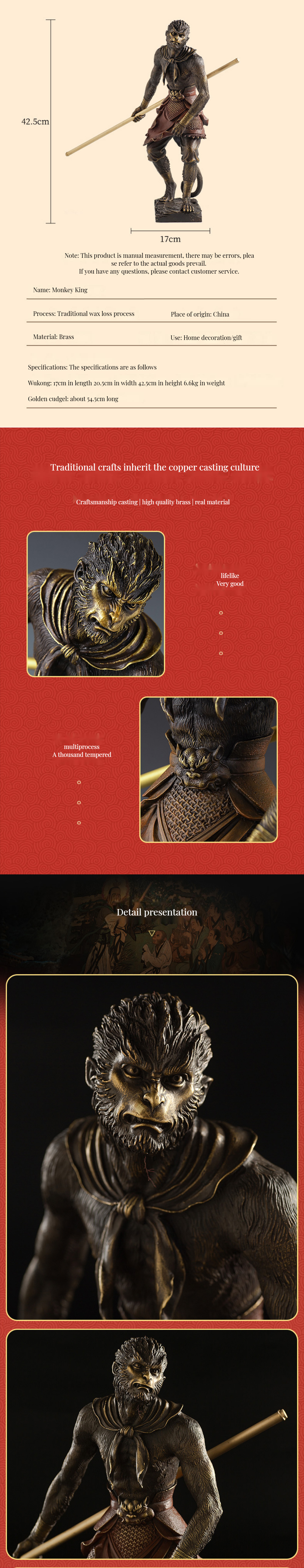 Custom 3D Alloy Copper Casting Monkey King Ornament for Anniversary Celebrations